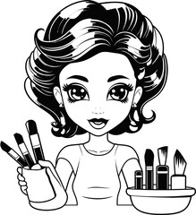 Sticker - Makeup girl face vector image, coloring page