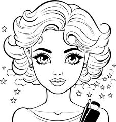 Wall Mural - Makeup girl face vector image, coloring page