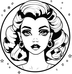 Sticker - Makeup girl face vector image, coloring page