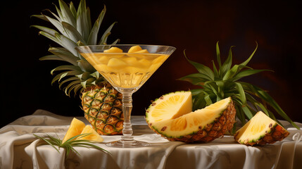 Wall Mural - Pineapple Bliss in a Glass Fresh pineapple drink and pieces of pineapple with green leave on the wooden table with dark background, Generative Ai