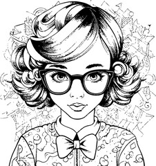 Sticker - Cute girl vector image, black and white coloring page