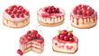 watercolor illustration, set cherry cheesecake, summer dessert, fruit, berry cake, isolated on a white background