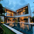  large luxury house in a modern style with glass walls of the pool