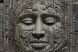 A visionary art style depicts a carved face on a building, reminiscent of a sun god in tribal art.