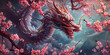 chinese dragon, astral background, chinese zodiac background, cherry blossoms, flowers, chinese new year