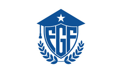FGF three letter iconic academic logo design vector template. monogram, abstract, school, college, university, graduation cap symbol logo, shield, model, institute, educational, coaching canter, tech