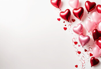 Valentine's day background with red and pink hearts like balloons on white background