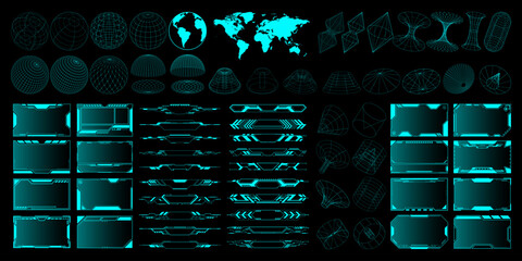 Wall Mural - sci fi futuristic hud, gui, ui interface set and 3d shapes. cyberpunk graphic box, 3d geometric shap