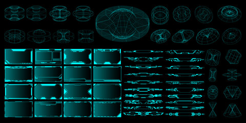 Wall Mural - sci fi futuristic hud, gui, ui interface set and 3d shapes. cyberpunk graphic box, 3d geometric shap