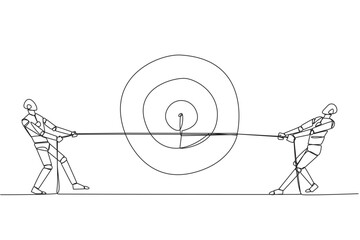 Canvas Print - Single continuous line drawing two robots fighting over an arrow target board. Fierce competition towards the best goal of becoming the best robot. Future tech. One line design vector illustration