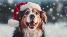 Large Breed Dog Wearing Christmas Santa Hat In Snow Falling Sky Scene. Generative AI.