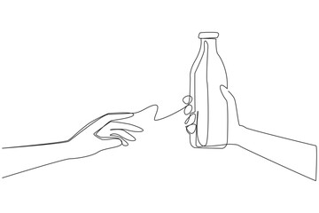 Wall Mural - Single continuous line drawing hand giving bottle of milk. Share healthy drinks. Drinking it cold is more refreshing. Drinks high in calcium are good for the body. One line design vector illustration