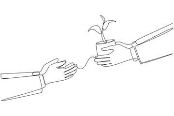 Wall Mural - Single one line drawing businessman's hand gives a plant shoot to colleague. Investing shares in a partner's company. Increase capital to develop business. Continuous line design graphic illustration