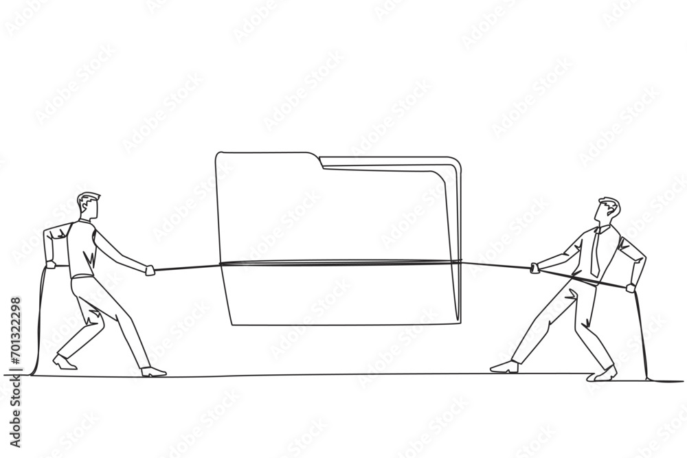 Continuous one line drawing two businessmen fighting over document ...