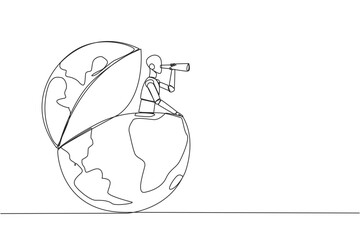 Canvas Print - Single continuous line drawing smart robot appears from the globe looking for something through binoculars. Mapping locations that technology has not yet reached. One line design vector illustration