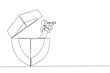 Single continuous line drawing Arab businesswoman emerges from shield look for something with binoculars. Combining knowledge and experience for data protection. One line design vector illustration