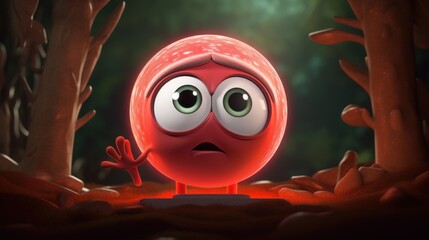 Sticker -  a close up of a red ball with a surprised look on it's face in the middle of a forest.