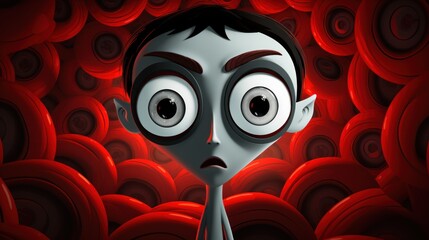 Canvas Print -  a close up of a cartoon character in front of a background of red circles with a surprised look on his face.