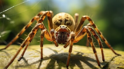 Canvas Print -  a close - up of a spider on a rock with a blurry background of trees in the foreground.