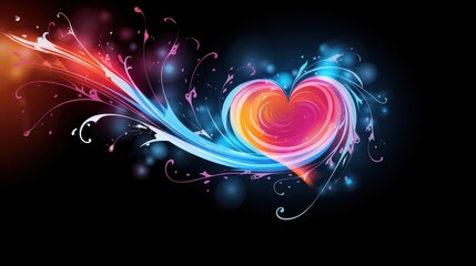 Wall Mural -  a colorful heart on a black background with swirls and bubbles in the shape of a wave and a splash of paint.