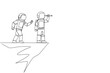 © Simple Line - Single one line drawing the astronaut monitoring something at the edge of cliff using binocular. Monitoring business. Taken down by traitor from behind. Continuous line design graphic illustration