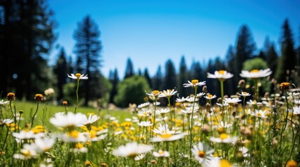 Poster -  a field full of white daisies and yellow and white daisies in the foreground with trees in the background.