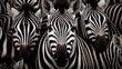  a group of zebras standing next to each other in a large group of black and white striped zebras.