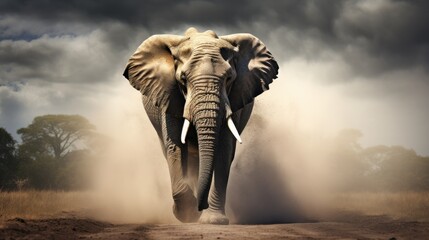 Canvas Print -  an elephant walking down a dirt road in the middle of a field with dark clouds in the sky behind it.