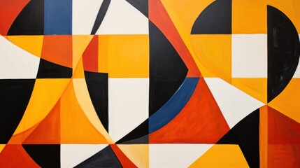 Canvas Print -  an abstract painting with black, white, orange, and red shapes on a black and white checkered background.