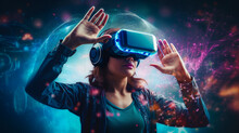 Young woman with virtual reality googles in a futuristic space, VR, science, technlogy 
