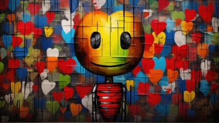 Wall Mural -  a painting of a smiley face in front of a multicolored background of hearts and a man's head.