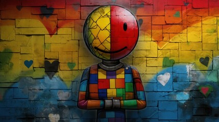 Wall Mural -  a brick wall with a painting of a man with a smiley face on it and hearts painted all over it.