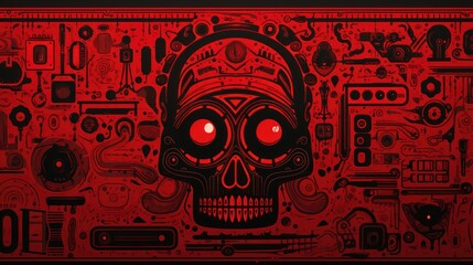 Canvas Print -  a painting of a skull with red eyes on a red background with a lot of other things in the background.