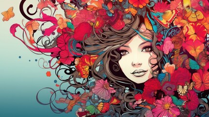 Wall Mural -  a painting of a woman's face with butterflies and flowers around her head and her hair blowing in the wind.