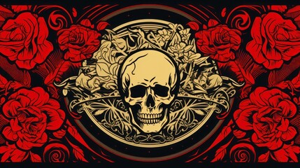 Canvas Print -  a skull surrounded by roses on a black and red background with a circle of roses in the middle of the image.