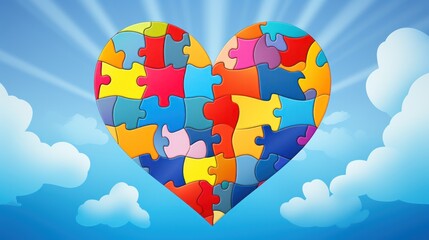 Poster -  a heart shaped puzzle in the middle of a blue sky with clouds and sunbursts in the background.