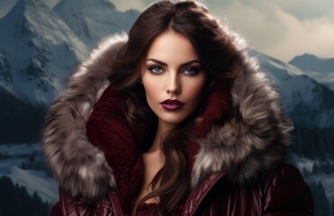 Wall Mural -  a woman wearing a red coat with a fur hood over her head and a mountain range in the back ground.