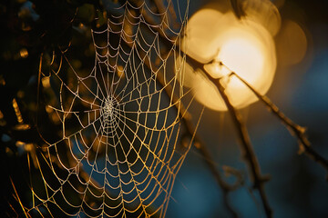spider web with dew drops at moonlight