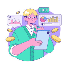 Sticker - Mutual fund. Investment fund, asset portfolio invested in stocks. Young character investing money with the prospect of profit. Modern investment vehicle. Flat vector illustration