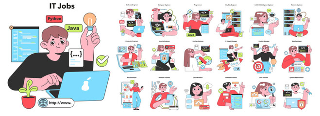 A colorful array of diverse characters represent various IT professions, from Python programmers to network engineers, showcasing the vibrant world of technology careers.
