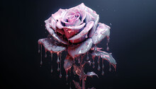 Bright Shiny Pink Rose Drenched In Rain Water Isolated Photo On Black Background. Melting Flower And Drew Drops. 