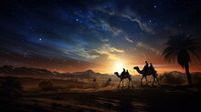 Silhouette Of Two Wise Men Riding A Camel Along The Stars In The Desert