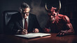 ©  Mohammad Xte - very thrilled man signing a contract and the devil is sitting with him in his office. A deal with the devil
