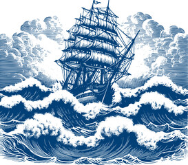 vintage large sailing ship sailing on big waves in a stormy sea vector stencil drawing engraving