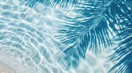 Wall Mural - palm leaf shadow on blue water waves, vacation and beauty care with copy space