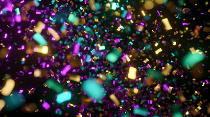 Wall Mural - Colorful glittering mardi gras confetti falling against black background, loopable 3D animation in 4K UHD with shallow depth of field