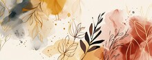 Abstract Art Background. Luxury Minimal Style Wallpaper With Golden Line Art Flower And Botanical Leaves, Organic Shapes, Watercolor Background.