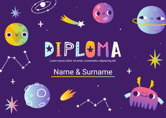 Wall Mural - diploma template with cute doodle space for kids. certificate design with bright cosmic design for c
