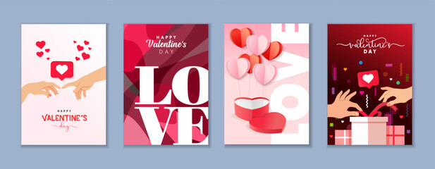 Wall Mural - Creative Valentines Day greeting cards set. Happy Valentine's Day posters, couple hands, gifts, memphis style symbols, love sign and typography. Vector illustration