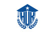 HUK three letter iconic academic logo design vector template. monogram, abstract, school, college, university, graduation cap symbol logo, shield, model, institute, educational, coaching canter, tech